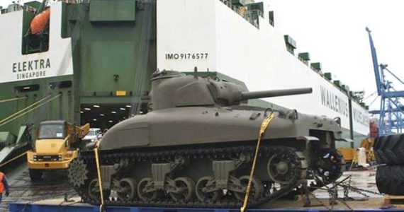 A rare World War Two tank rolled off a ship Monday at Terminal 7 at the Port of Tacoma. The fully-restored M4A1 Sherman tank is headed to the Flying Heritage Collection at Paine Field in Everett, where it will be on display this spring. (PHOTO COURTESY PORT OF TACOMA)