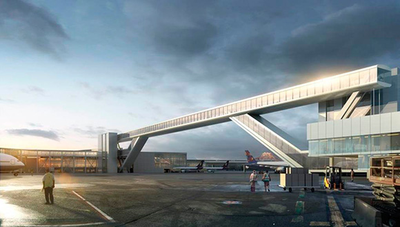 Artist's rendering of 900-foot sky bridge from Sea-Tac airport's South Satellite (foreground) to new International Arrivals Facility, east of Concourse A. The $660 million IAF is scheduled for completion in late 2019. Credit: Port of Seattle