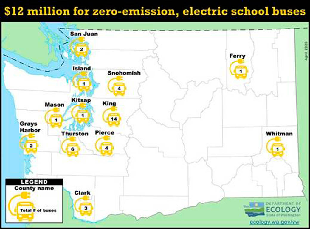 Graphic showing by county locations of 40 new electric school buses that Ecology is helping 22 Washington school districts purchase, including four in Pierce county. Image courtesy Washington Department of Ecology