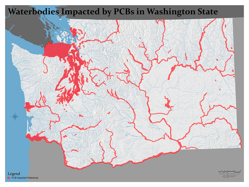 Waterbodies impacted by PCBs in Washington State; Image courtesy Office of the Attorney General