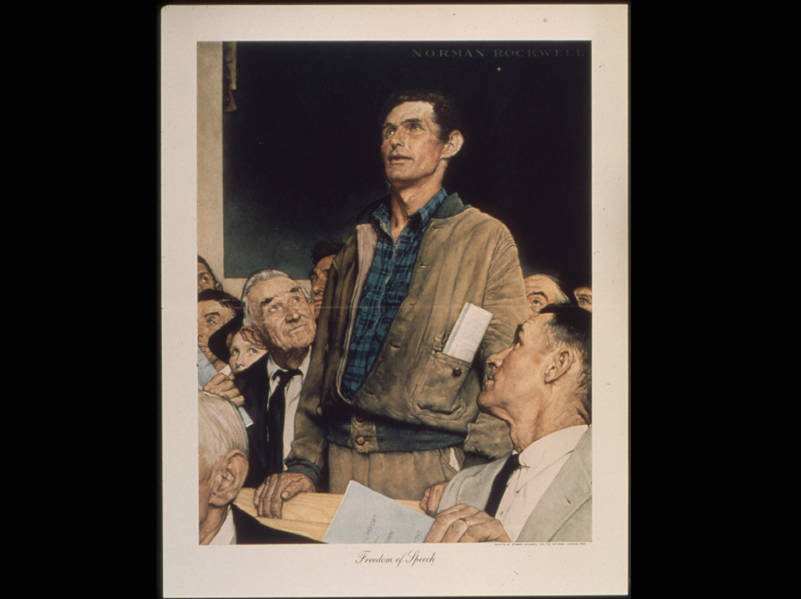 Freedom of Speech, by Norman Rockwell; From Wikimedia Commons, the free media repository. This media is available in the holdings of the National Archives and Records Administration, cataloged under the National Archives Identifier (NAID) 513536.