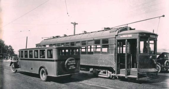 This photo from the 1920s shows a rail car going to McKinley Park and a bus with a run (every half hour) from Tacoma to Olympia. Photo courtesy of Northwest Room, Tacoma Public Library