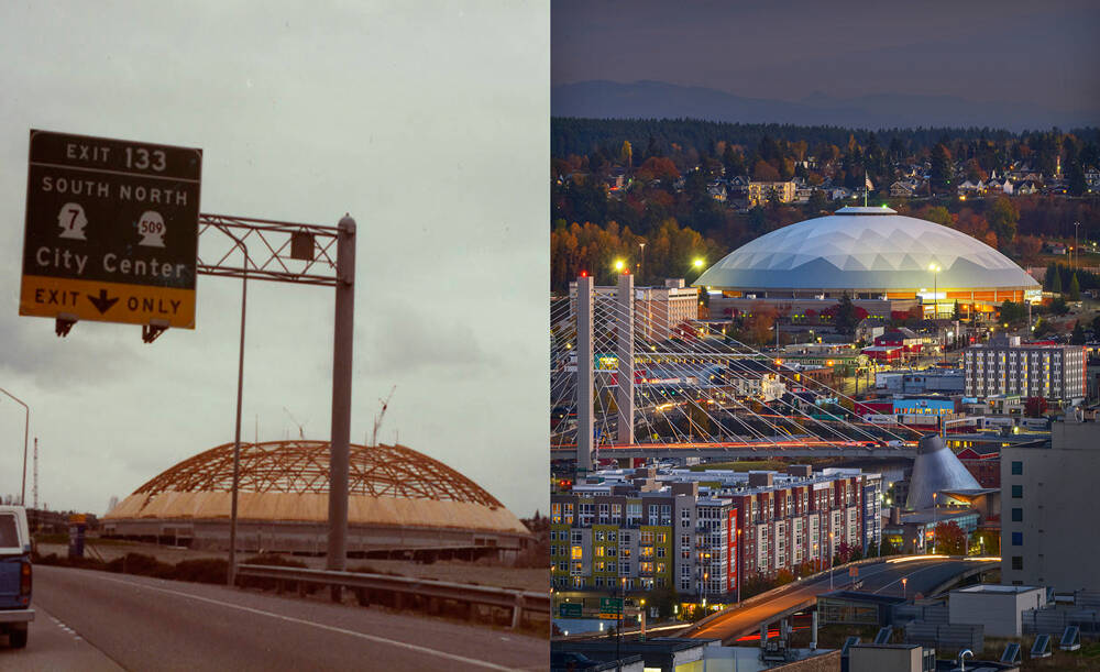 How it started (left picture) / How it’s going (right picture)
 Image credit, left picture: A snapshot of the Tacoma Dome under construction, circa 1983; photographer unknown; cropped. Image courtesy Northwest Room at The Tacoma Public Library; Image number: Snapshot 006 Tacoma Dome
 Image credit, right picture: Dane Gregory Meyer