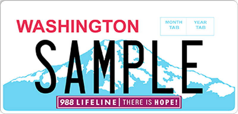 The license plate emblem sits below the plate number and says “988 LIFELINE │ THERE IS HOPE!” (<em>Image courtesy WA State Dept. of </em><em>Licensing</em>)