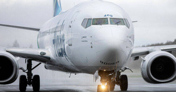 Sound Publishing File Photo
Water drips from an Alaska Airlines Boeing 737 after it received a water salute while becoming the first scheduled 737 arrival Feb. 17, 2022, at Paine Field Airport in Everett, Washington.