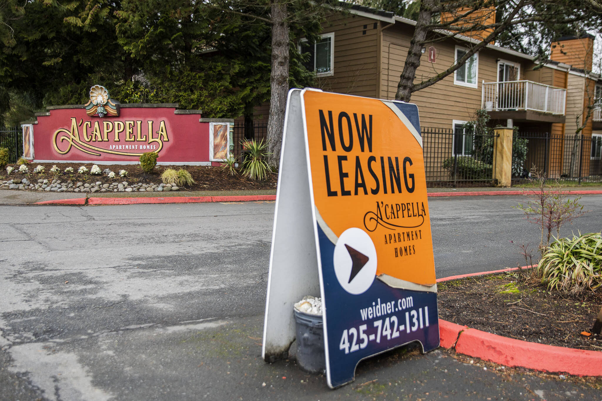 Sound Publishing file photo
A leasing sign in visible outside of A’cappella Apartment Homes last year in Everett, Washington.