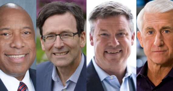 Primary candidates in the 2024 Washington state governor’s race. From left to right, Semi Bird (R), Bob Ferguson (D), Mark Mullet (D) and Dave Reichert (R). (Photos courtesy of campaigns)