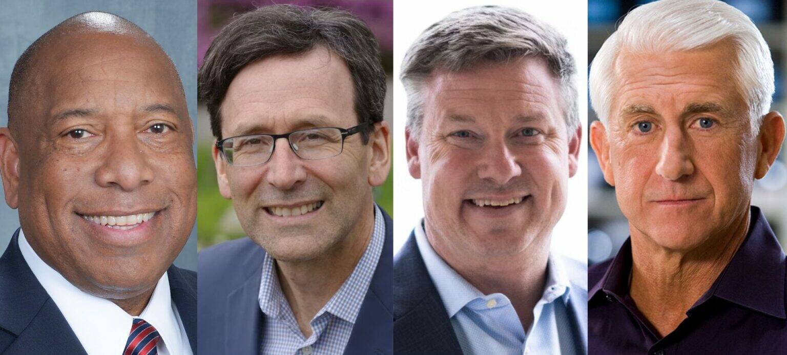 Primary candidates in the 2024 Washington state governor’s race. From left to right, Semi Bird (R), Bob Ferguson (D), Mark Mullet (D) and Dave Reichert (R). (Photos courtesy of campaigns)