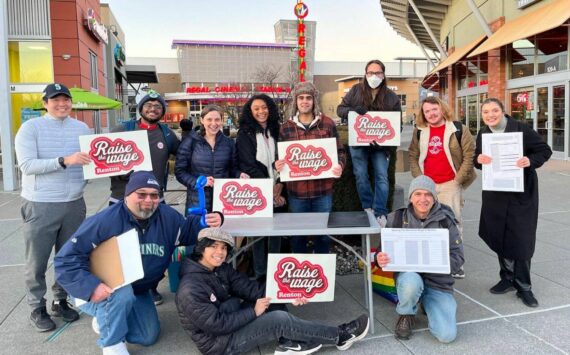 Photo courtesy of Raise the Wage Renton
A group of volunteers from Raise the Wage Renton, shown gathering signatures in 2023. Renton residents approved a higher minimum wage for the city in a Feb. 2024 special election.