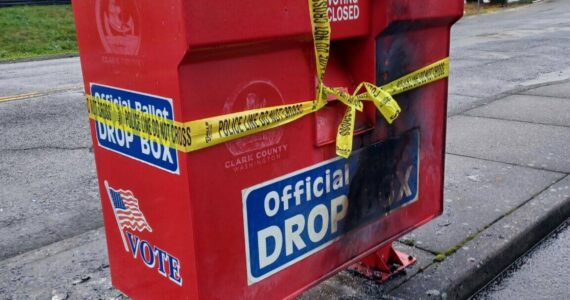 Monika Spykerman/The Columbian/Courtesy of Washington State Standard 
A ballot drop box damaged in a suspected arson incident in Vancouver, Washington, on Oct. 28, 2024.