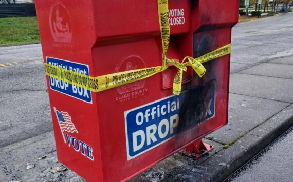 Monika Spykerman/The Columbian/Courtesy of Washington State Standard 
A ballot drop box damaged in a suspected arson incident in Vancouver, Washington, on Oct. 28, 2024.