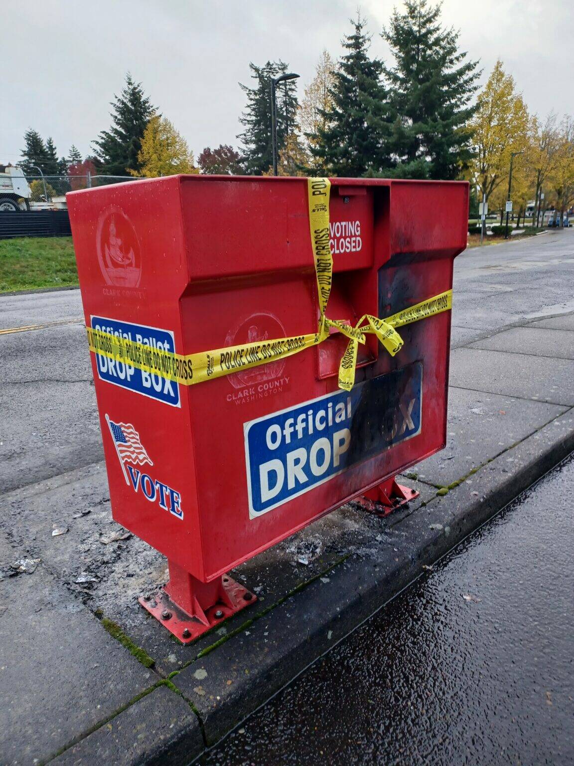 Monika Spykerman/The Columbian/Courtesy of Washington State Standard 
A ballot drop box damaged in a suspected arson incident in Vancouver, Washington, on Oct. 28, 2024.