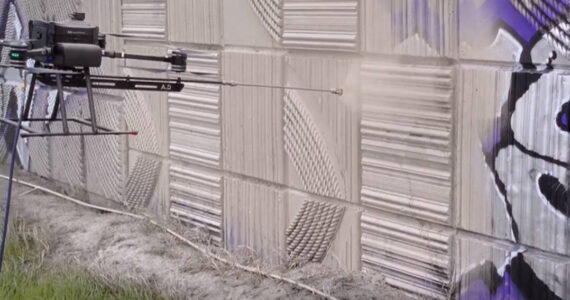 A prototype drone test sprays paint to cover up graffiti in Tacoma earlier this spring. (Courtesy of the Washington State Department of Transportation)