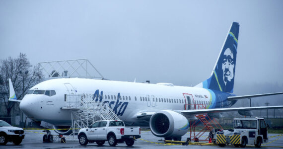 Alaska Airlines N704AL, a Boeing 737 Max 9 that had a door plug blow out from its fuselage midair, parked at a maintenance hanger at Portland International Airport in Portland, Ore., on Monday, January 8, 2024. (Amanda Lucier/The New York Times)