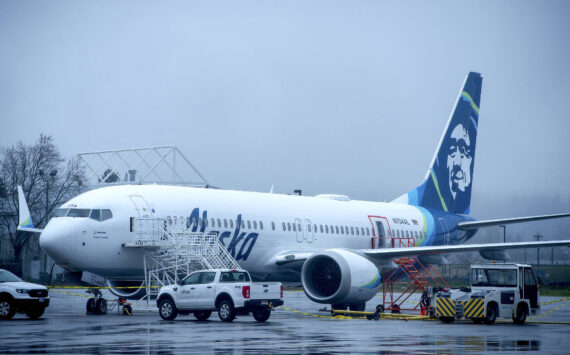 Alaska Airlines N704AL, a Boeing 737 Max 9 that had a door plug blow out from its fuselage midair, parked at a maintenance hanger at Portland International Airport in Portland, Ore., on Monday, January 8, 2024. (Amanda Lucier/The New York Times)