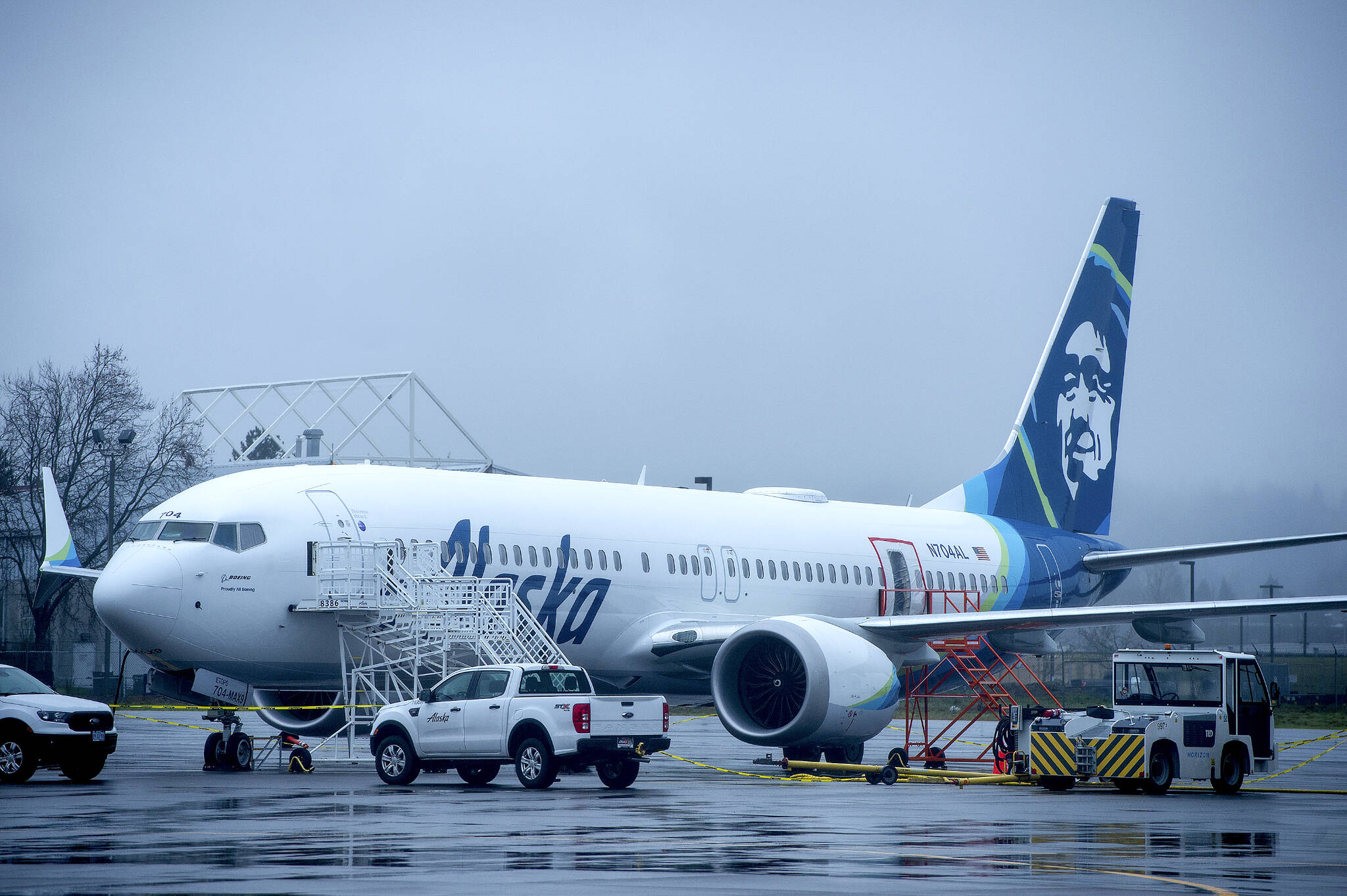 Alaska Airlines N704AL, a Boeing 737 Max 9 that had a door plug blow out from its fuselage midair, parked at a maintenance hanger at Portland International Airport in Portland, Ore., on Monday, January 8, 2024. (Amanda Lucier/The New York Times)