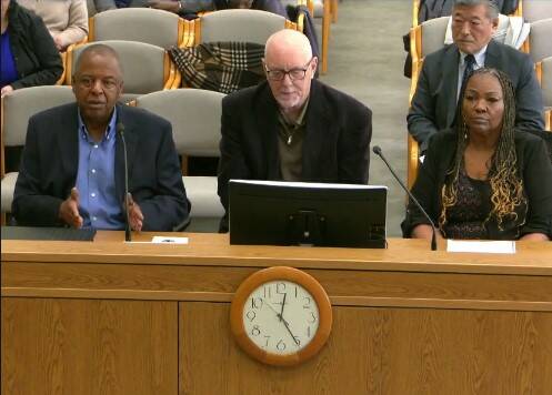 John Houston, Jerry Evans and Shailene Houston speak to the Senate Law & Justice committee on Jan. 23 about the Houston Eminent Domain Fairness Act. Screenshot from TVW.org.