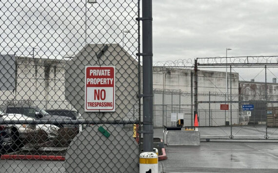 A “no trespassing” sign outside of the Northwest ICE Processing Center in Tacoma. (Grace Deng/Washington State Standard)