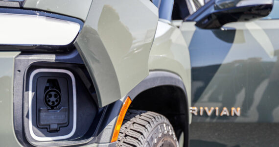 The charging port for a Rivian R1T Saturday afternoon during Drive Electric Earth Day in the Everett, Washington on April 23, 2022. (Kevin Clark / Sound Publishing)