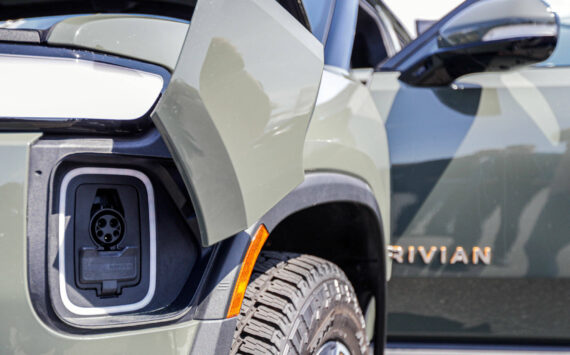 The charging port for a Rivian R1T Saturday afternoon during Drive Electric Earth Day in the Everett, Washington on April 23, 2022. (Kevin Clark / Sound Publishing)